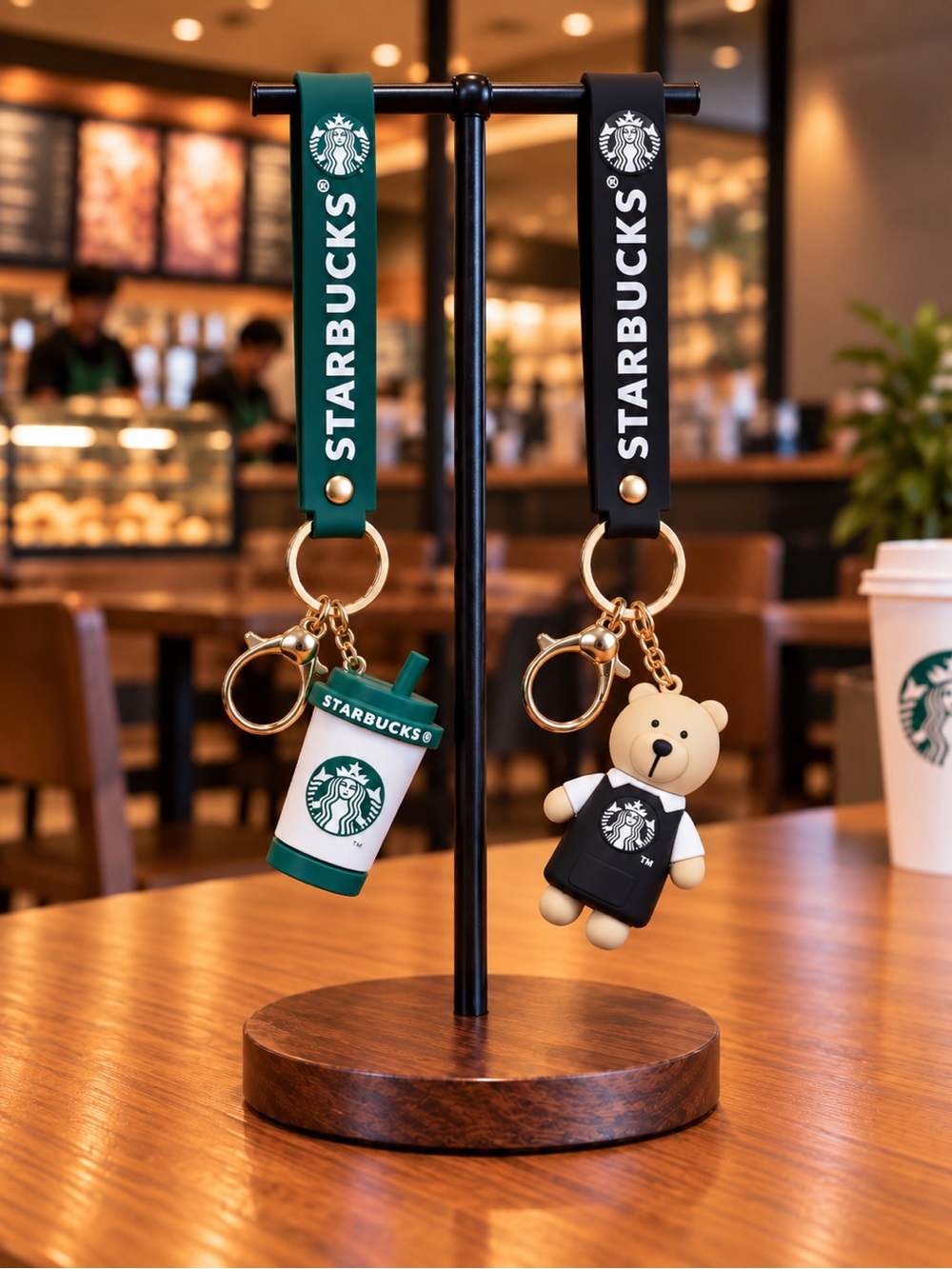 Coffee Lover Keychain Bundle – Cup With Straw & Bear Charm Set